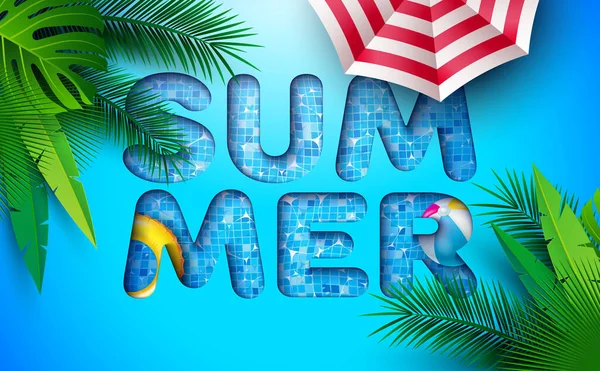 Sommar Banner Design Med Badbälte Sunshade Och Beach Ball Vatten — Stock vektor