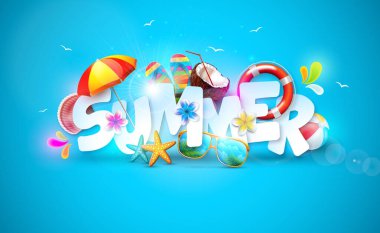 Okyanus mavisi arka planda 3d Harfleme ve Renkli Plaj Elementleri ile Yaz Tatili Afişi Tasarımı. Flyer, Davetiye, Broşür, Poster veya Tebrik Kartı İçin Çiçek, Tropikal Bitkiler ve Gün Işığı