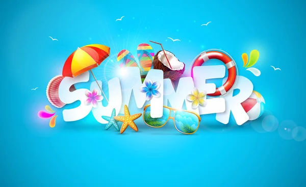 Summer Holiday Banner Design Lettering Colorful Beach Elements Ocean Blue — Stock Vector