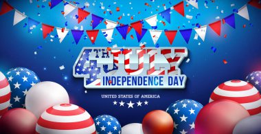 ABD Vektör İllüzyonu 'nun 4 Temmuz Bağımsızlık Günü' nde Amerikan Bayrağı ve Parti Balonu ve Mavi Arkaplanda 3D Harfler. 4 Temmuz Ulusal Bayrak Tasarımı, Selamlama