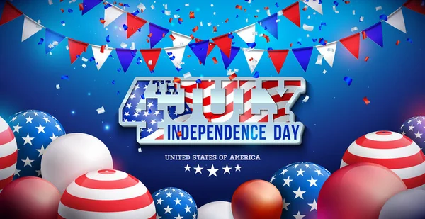 ABD Vektör İllüzyonu 'nun 4 Temmuz Bağımsızlık Günü' nde Amerikan Bayrağı ve Parti Balonu ve Mavi Arkaplanda 3D Harfler. 4 Temmuz Ulusal Bayrak Tasarımı, Selamlama