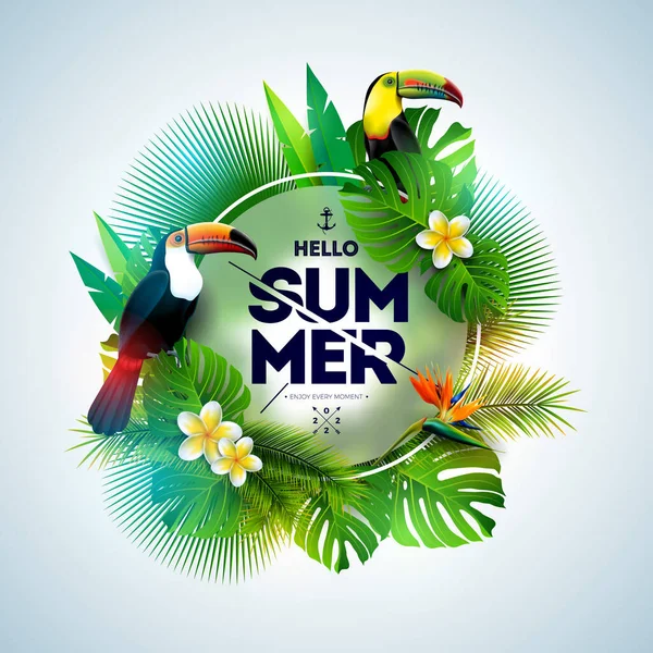 Tropical Summer Holiday Design Toucan Bird Parrot Flower Light Background — Stock Vector