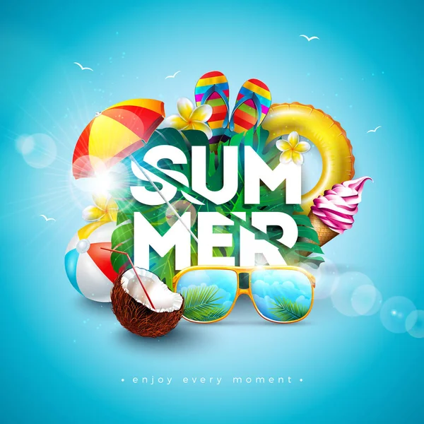 Summer Holiday Banner Design Litery Kolorowe Elementy Plaży Tle Ocean — Wektor stockowy