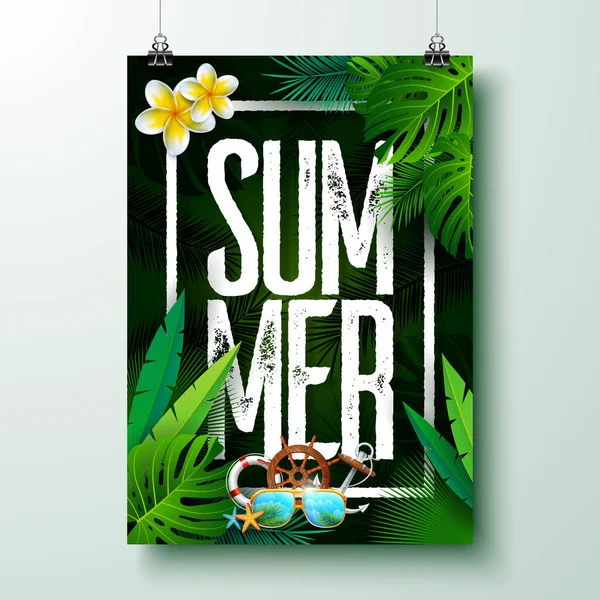 Zomer Vakantie Affiche Ontwerp Met Zonnebril Tropische Bloem Donkergroene Achtergrond — Stockvector