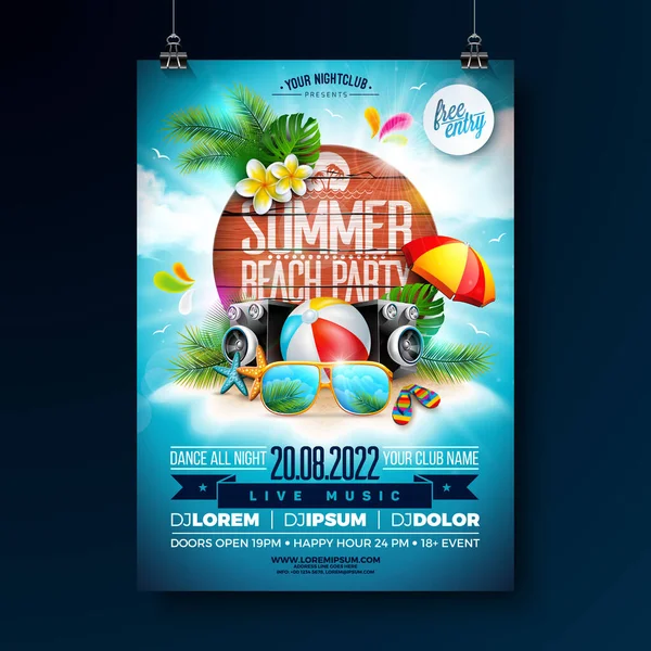 Summer Beach Party Flyer Design Sunglasses Speaker Sandy Tropical Island — Archivo Imágenes Vectoriales