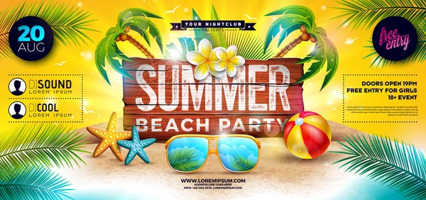 Güneş gözlüklü Yaz Plajı Parti Afişi Flyer Tasarımı ve Tropik Ada 'da Klasik Ahşap Arkaplanda Typography Lettering ile Plaj Balosu. Vector Summer Holiday Illustration with Egzotik Palm