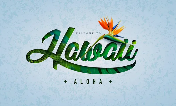 Aloha Hawaii Lettering Egzotik Palmiye Yaprakları Arkaplanındaki Papağan Çiçeği Ile — Stok Vektör