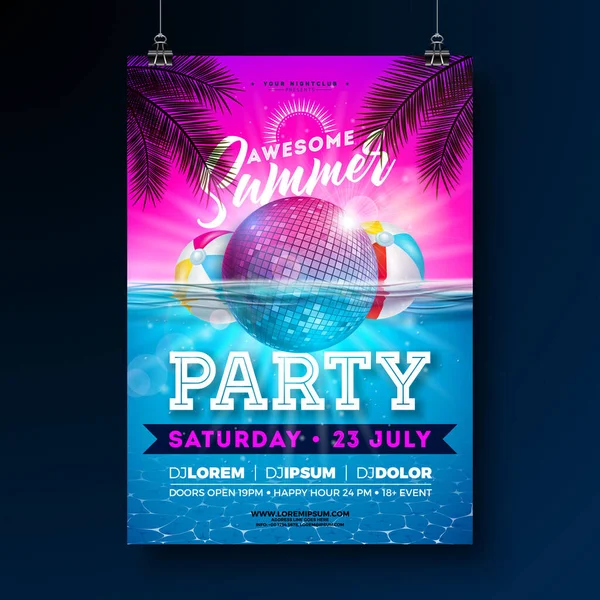 Summer Beach Party Flyer Design Met Disco Ball Beach Ball — Stockvector