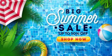 Plaj Toplu Yaz Satışı Tasarımı ve Bahçe Havuzu Arkaplanında Su Yüzdürme. Kupon, Voucher, Banner, Flyer, Promosyon Posteri, Davetiye veya Tebrik Kartı İçin Mevsimlik Vektör Resimleri