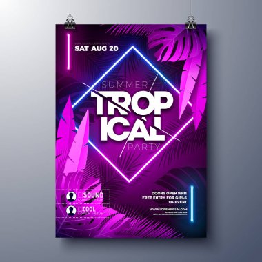 Flüoresan Tropik Yapraklar Üzerine Parlayan Neon Işıklı Yaz Partisi Flyer Design Şablonu. Banner, Flyer, Davet ya da Kutlama Posteri için Vektör Yaz Kutlaması İllüstrasyonu