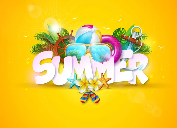 太陽の黄色の背景に3D文字とカラフルなビーチ要素と夏の休日のバナーデザイン フライヤー 招待状 パンフレット ポスターやグリーティングカードのための花 熱帯植物やサンシャイン — ストックベクタ