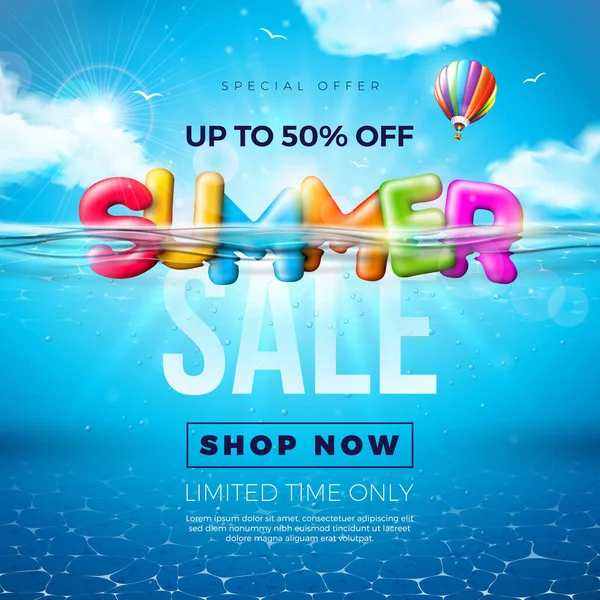 夏季销售设计与彩色3D文字和日出在水下蓝色海洋背景 宣传海报 邀请函或问候语的季节性病媒图解 — 图库矢量图片