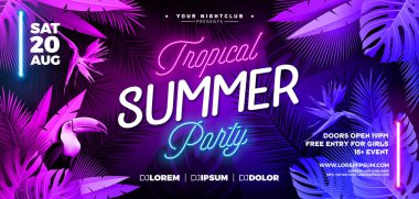 Summer Party Banner Design Template with Glowing Neon Light on Fluorescent Tropic Leaves Background. Vector Summer Celebration Holiday Illustration for Banner, Flyer, Invitation or Celebration Poster