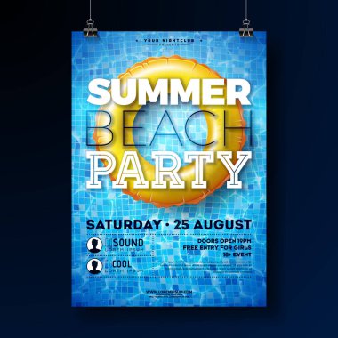 Summer Beach Party Poster Design Template with Float on Water in the Tiled Pool Background. Vector Summer Holiday Illustration with Swimbelt for Banner, Flyer, Invitation or Celebration Poster