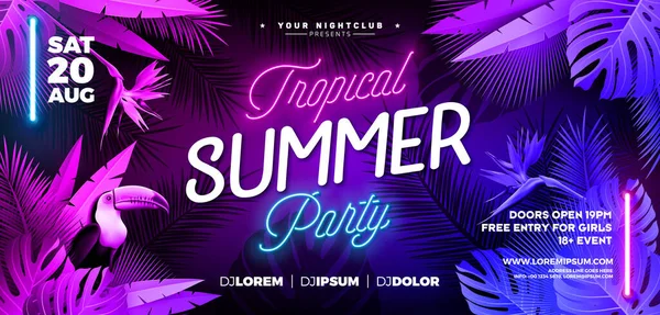 Summer Party Banner Design Template Glowing Neon Light Fluorescent Tropic — Image vectorielle