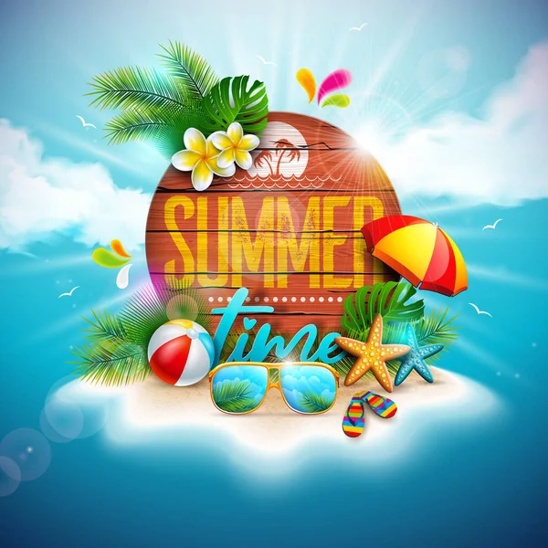 Summer Time Holiday Illustration Tropical Flower Beach Elements Typography Lettering — Vetor de Stock