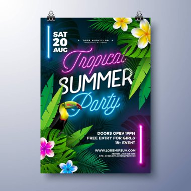 Summer Party Flyer Design Template with Glowing Neon Light and Exotic Flower on Tropic Leaves Background. Vector Summer Celebration Holiday Illustration for Banner, Invitation or Celebration Poster