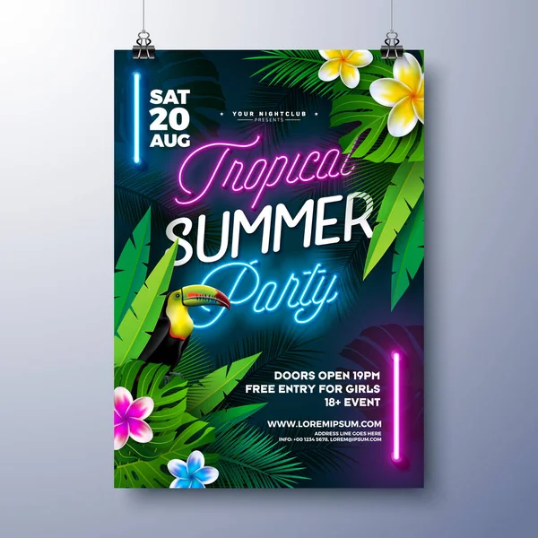 Sommerparty Flyer Design Vorlage Mit Leuchtendem Neonlicht Und Exotische Blume — Stockvektor