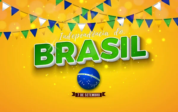 Brazil Independence Day Illustration Colorful Party Flag Lettering Yellow Background — Vector de stock