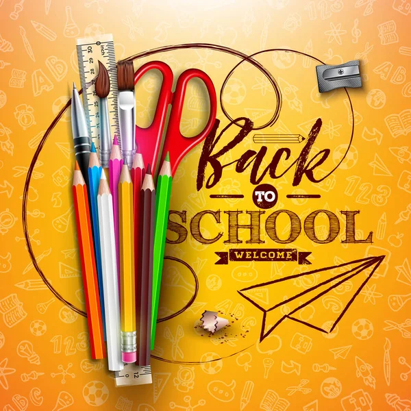 Back School Design Colorful Pencil Brush Scissors Typography Letter Yellow — Image vectorielle