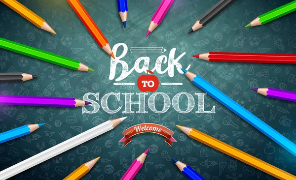 Back School Design Colorful Pencil Typography Letter Chalkboard Background Vector — Stock Vector