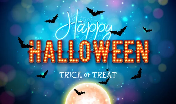 Felice Halloween Illustrazione Con Neon Illuminazione Lettering Luna Pipistrelli Volanti — Vettoriale Stock