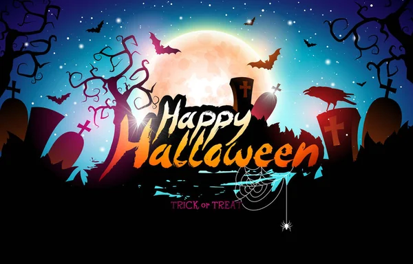 Happy Halloween Illustration Crow Flying Bats Night Cemetery Background Inglés — Vector de stock