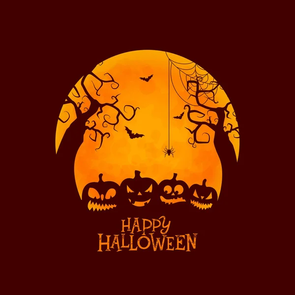 Happy Halloween Illustration Cute Scary Pumpkin Flying Bats Orange Moon — стоковий вектор