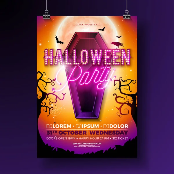 Halloween Party Flyer Ilustrace Rakví Létajících Netopýrů Oranžové Noční Hřbitov — Stockový vektor