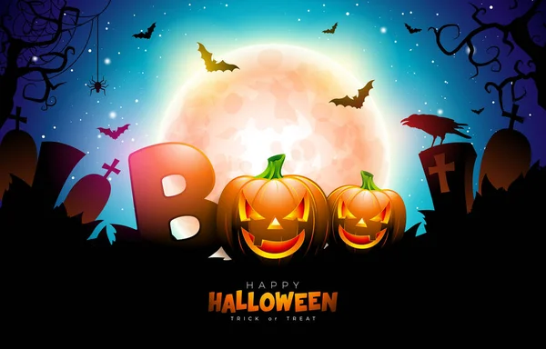 Happy Halloween Illustration Pumpkin Flying Bats Night Cemetery Background Vector — стоковий вектор