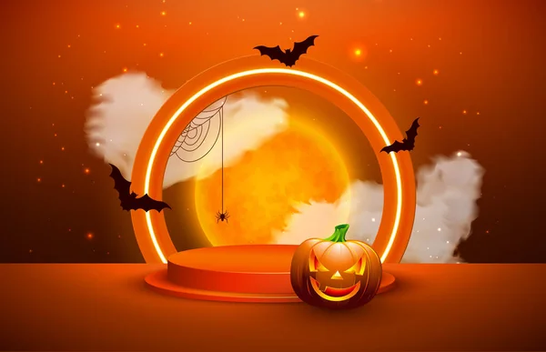 Happy Halloween Illustration Pumpkin Neon Light Flying Bats Orange Background — Stock Vector