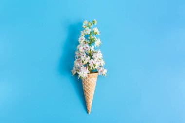 Mavi arka planda kestane çiçekli tatlı çıtır waffle fincanı