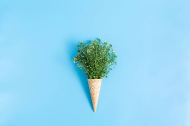 Mavi arka planda bir buket capsella ile waffle fincanı.