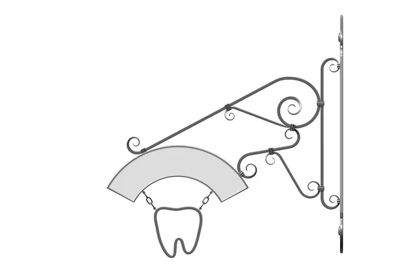 Rendu 3D d'un panneau mural pour la dentisterie sur fond blanc. Panneau en acier forgé avec une dent sur la chaîne. vue de face — Photo