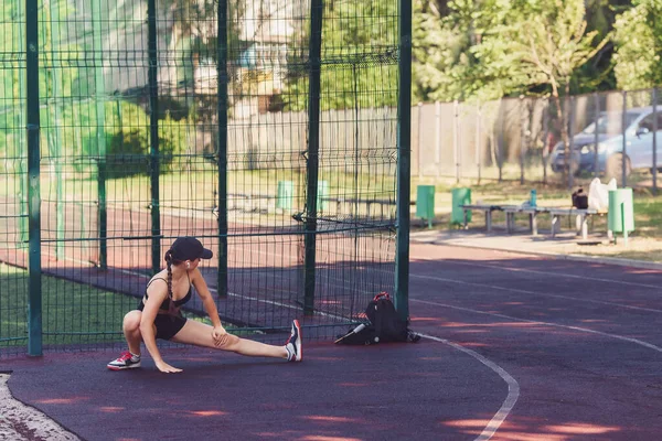 Teenager Goes Sports Outdoors Girl Does Stretching Sports Ground — Stock Fotó
