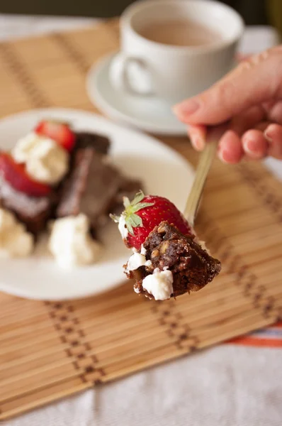 Delicious Bite of Chocolate Brownie and Strawberry with Whipped — Stock Photo, Image