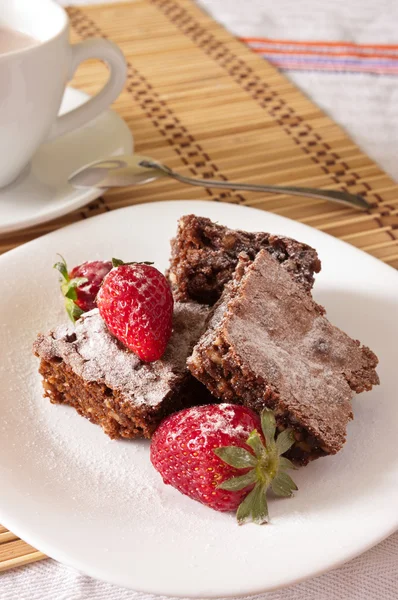 Delicious Chocolate Brownie and Strawberry with cocoa milk — Stock Photo, Image