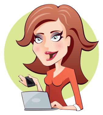 bir bilgisayarda çalışan ve bir cep telefonu tutan Kızıl saçlı kadın.