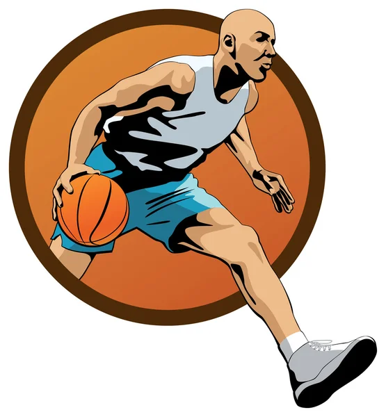 Jugador profesional de baloncesto goteando en salto con una pelota — Vector de stock
