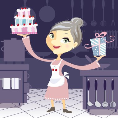 Happy Grandmother in the Kitchen with a Birthday Cake and a Pres clipart