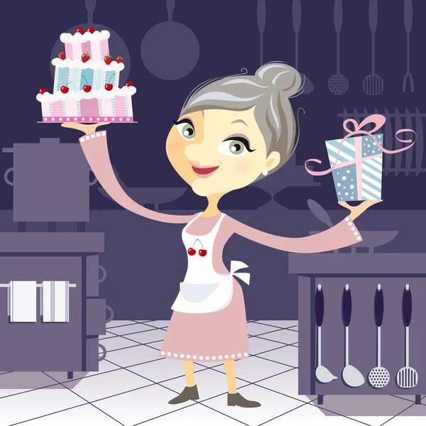 Happy Grandmother in the Kitchen with a Birthday Cake and a Pres — Stock Vector