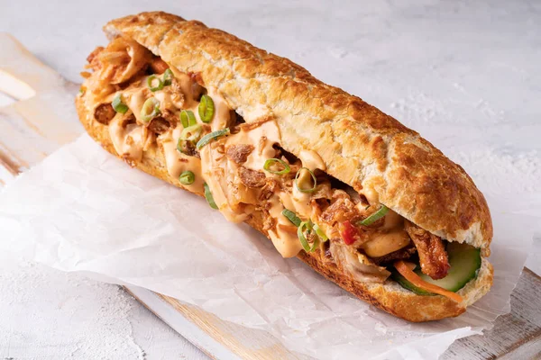 Baguette Aziatische Fusie Veganistische Sandwich Met Gefermenteerde Verse Groenten Getextureerde — Stockfoto