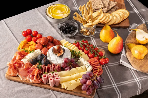 Cured Cheese Meze Platter Setup Rich Variety Fruits Cheese Meat — Stock Photo, Image