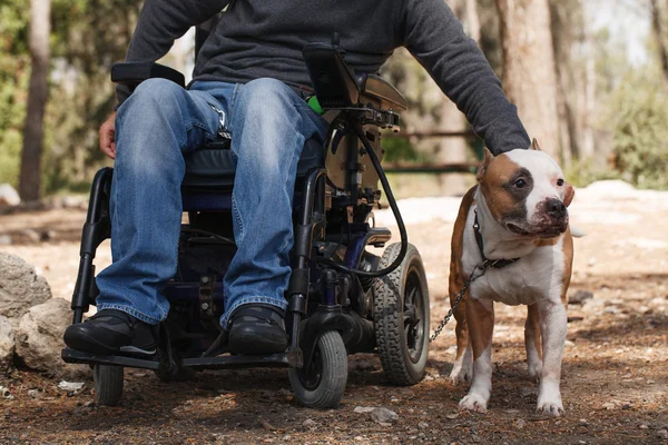 Człowiek na wózku inwalidzkim z jego wierny pies. — Zdjęcie stockowe