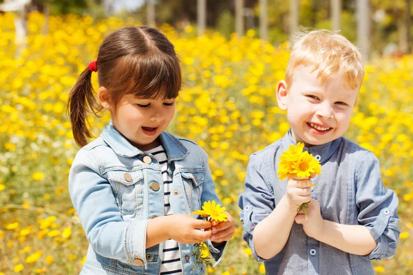 Boldog gyermekek, a sárga virágok. — Stock Fotó