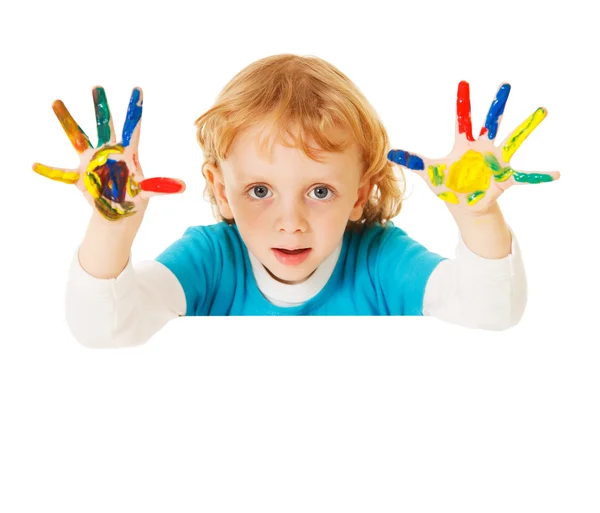 Happy child with painted hands — Stock Photo, Image