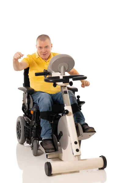 Disabled Man Have Rehabilitation Exercises Legs Motorcycle Legs Hands Isolated — Stockfoto