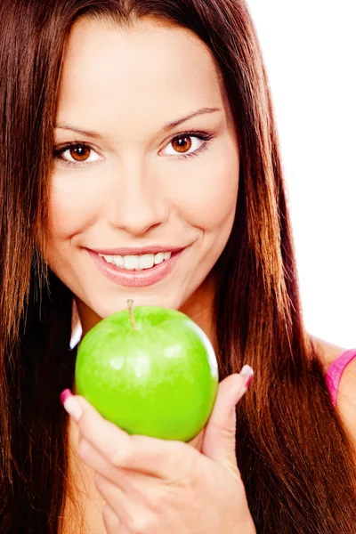 Ευτυχισμένη γυναίκα με πράσινο μήλο — Φωτογραφία Αρχείου
