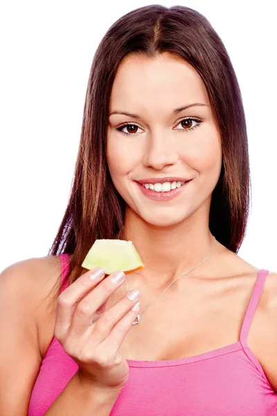 Woman holding slice of melon — Stock Photo, Image