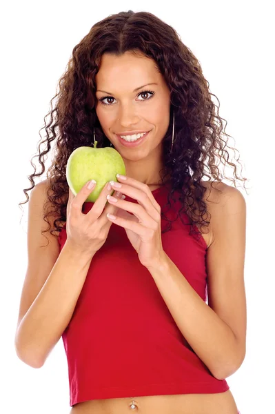 Mujer sosteniendo verde manzana —  Fotos de Stock